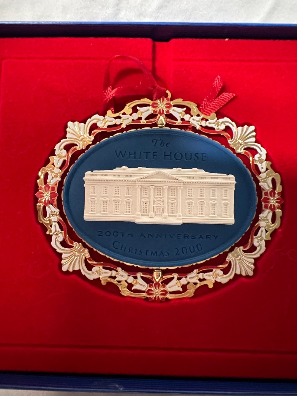 The White House 200th Anniversary Christmas 2000 Gold and Blue Ornament